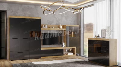 Гостиная Бастон (Дуб вотан/Черный глянец)